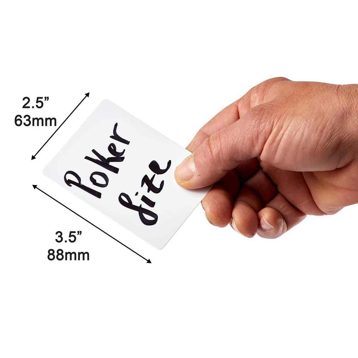 Hand holding a pen writing on a blank playing card, 'Poker' text visible