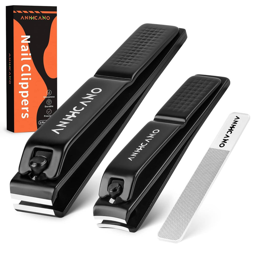 Black nail clippers with textured grips and built-in glass nail file, 3-piece set