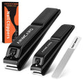 Black nail clippers with textured grips and built-in glass nail file, 3-piece set
