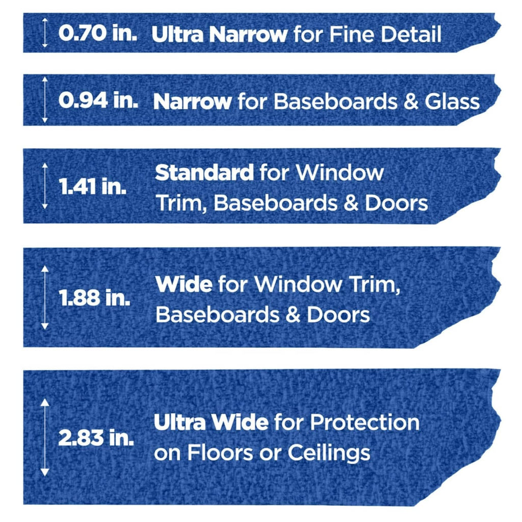 Blue painter's tape width guide with 0.70, 0.94, 1.41, 1.88, 2.83 in options