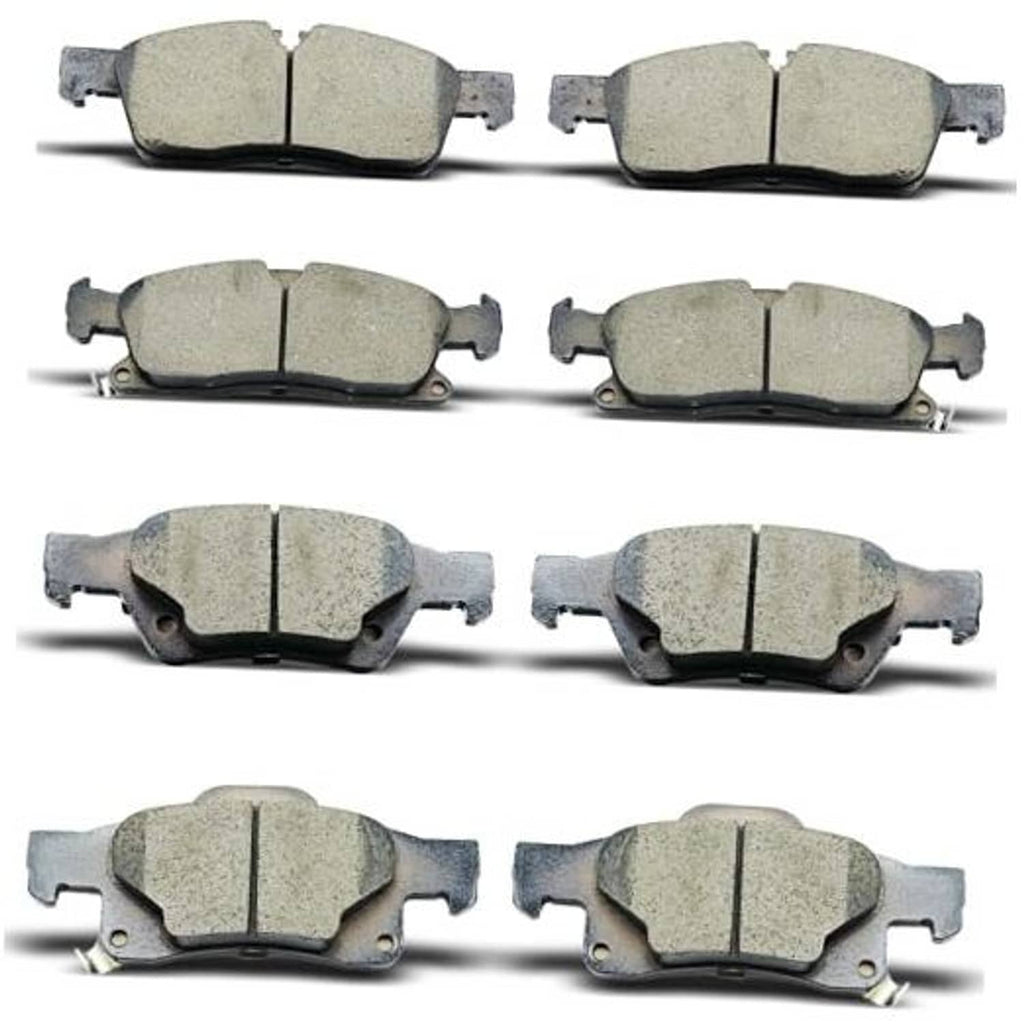 Set of ceramic brake pads with backing plates, multiple front and rear pairs