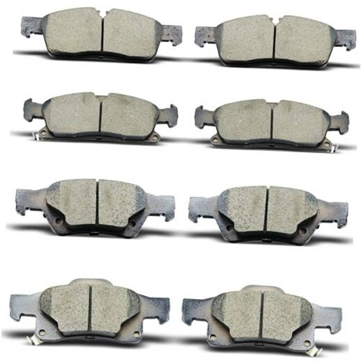Set of ceramic brake pads with backing plates, multiple front and rear pairs