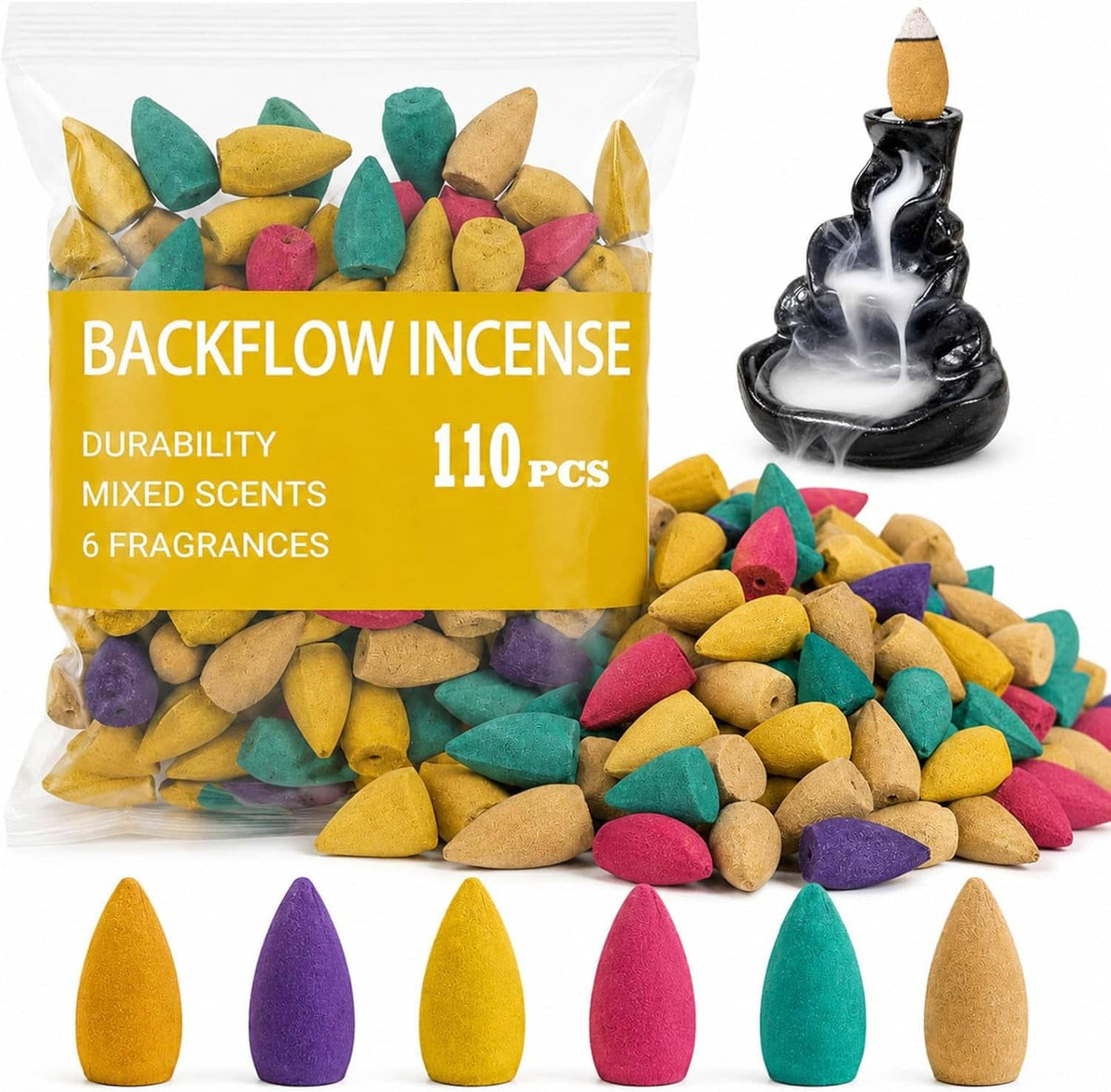 Backflow incense cone set pouch with colorful cones and black incense burner