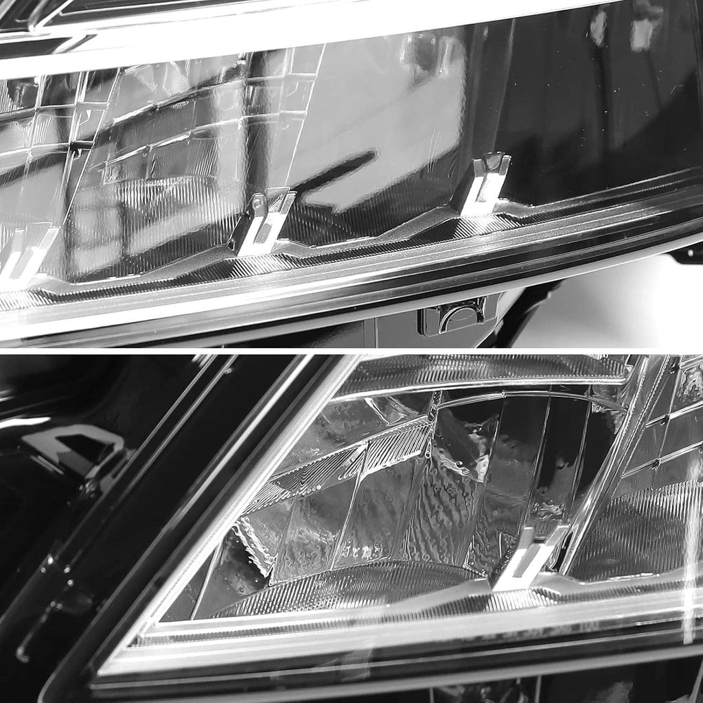 Chrome and clear LED headlight housing with black trim and internal reflector details.