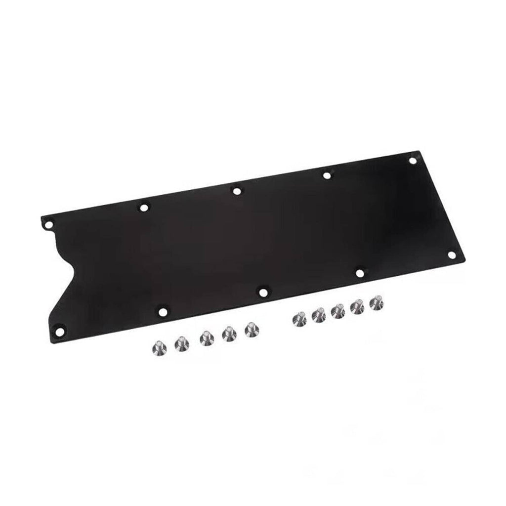 Black billet valley pan cover plate with cutout and hardware bolts