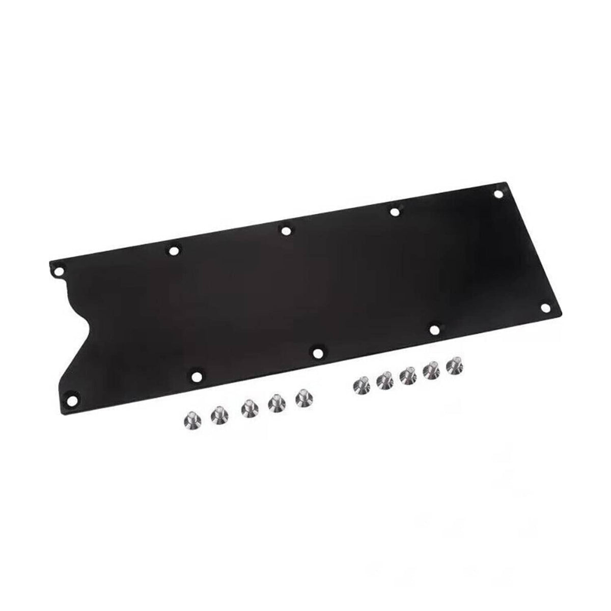 Black billet valley pan cover plate with cutout and hardware bolts