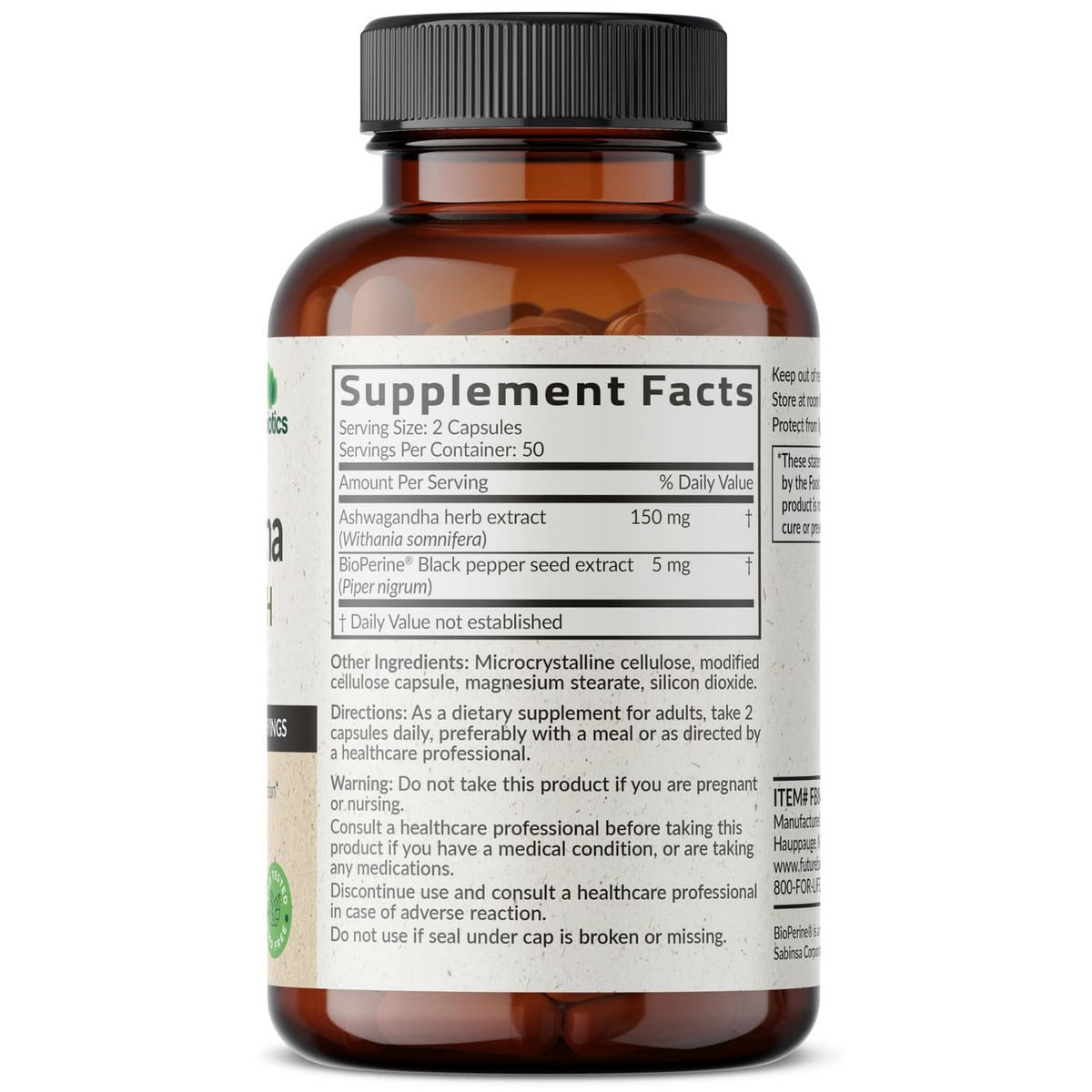 Ashwagandha extra strength supplement bottle back label with Supplement Facts panel