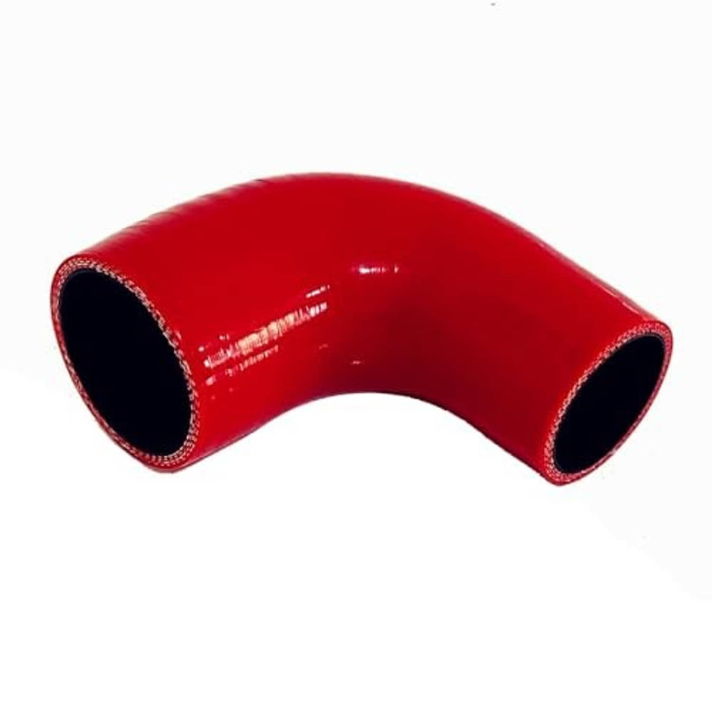 Red 90-degree silicone hose reducer, curved ends with black lining