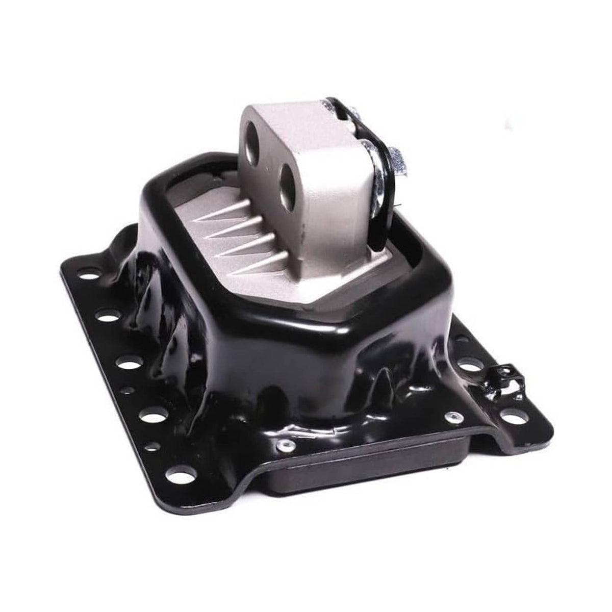 Black engine mount bracket with silver insert plate and bolt holes