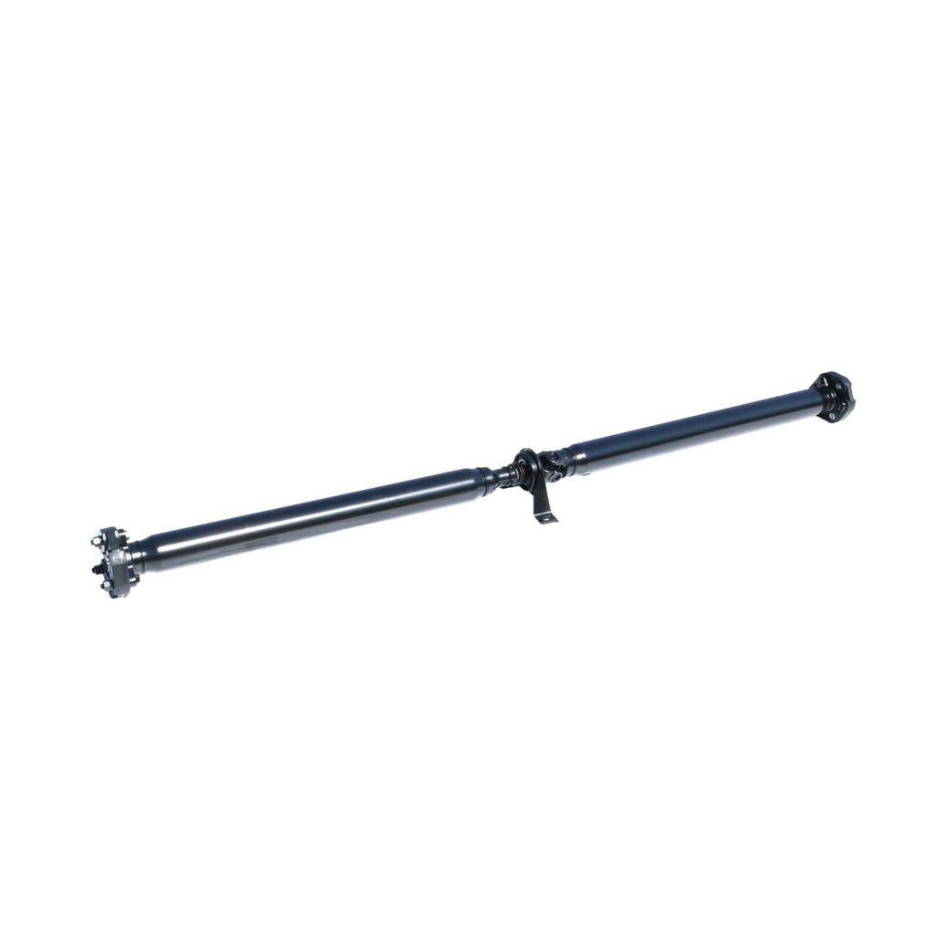 Rear drive shaft low side view; dark blue tube with flange ends and center clamp.