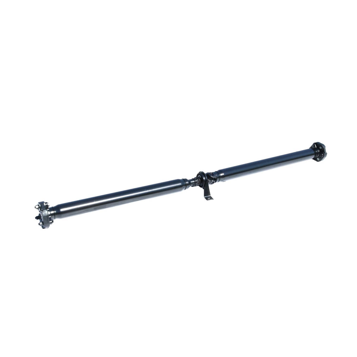 Rear drive shaft low side view; dark blue tube with flange ends and center clamp.