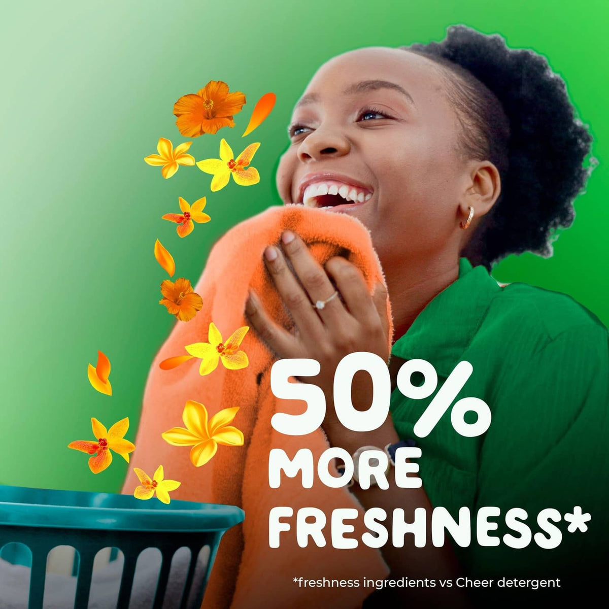 Laundry detergent fresh ad, smiling woman holding orange striped towel with flowers