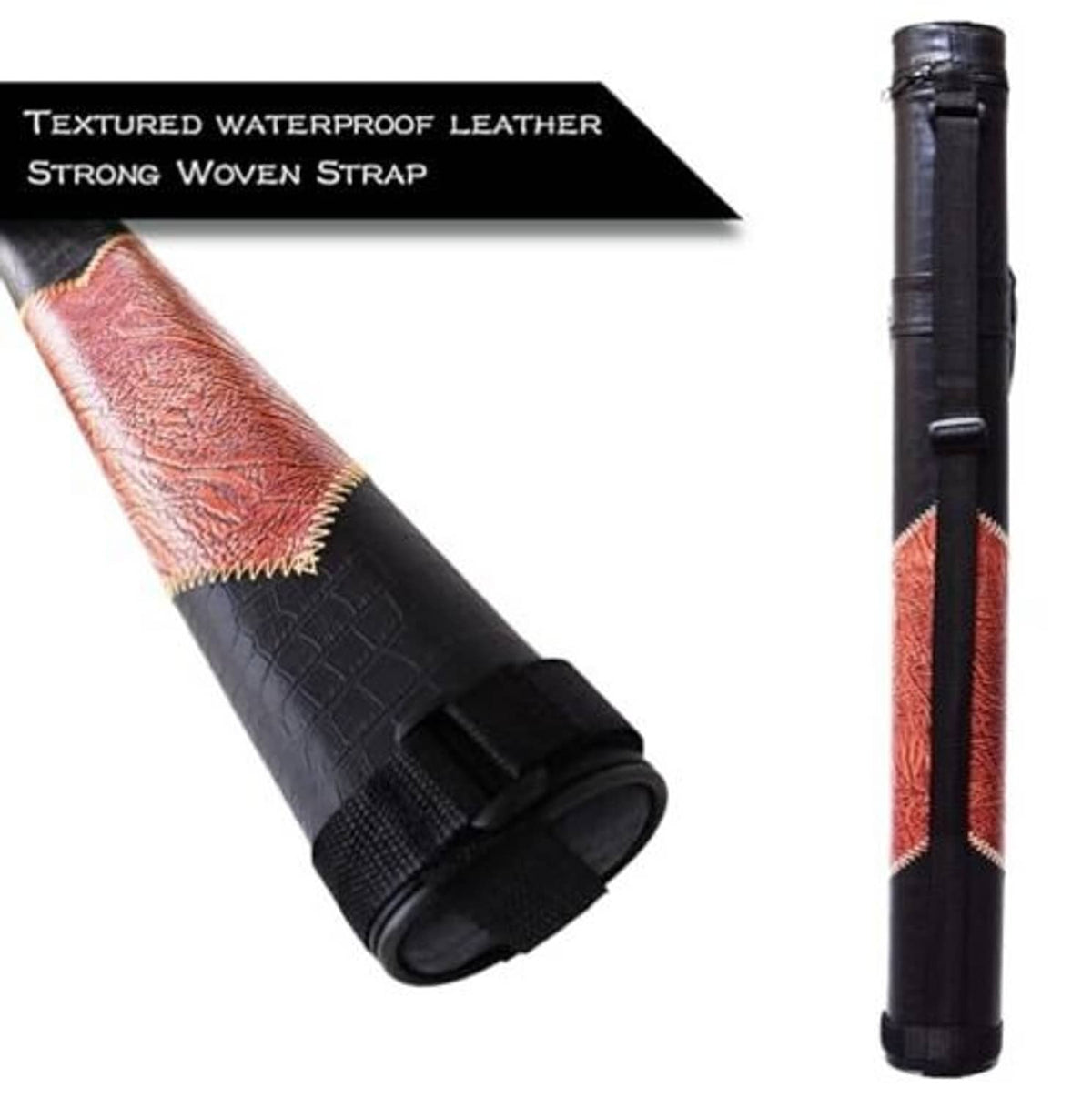 Pool cue case with open end, textured body, and securing strap