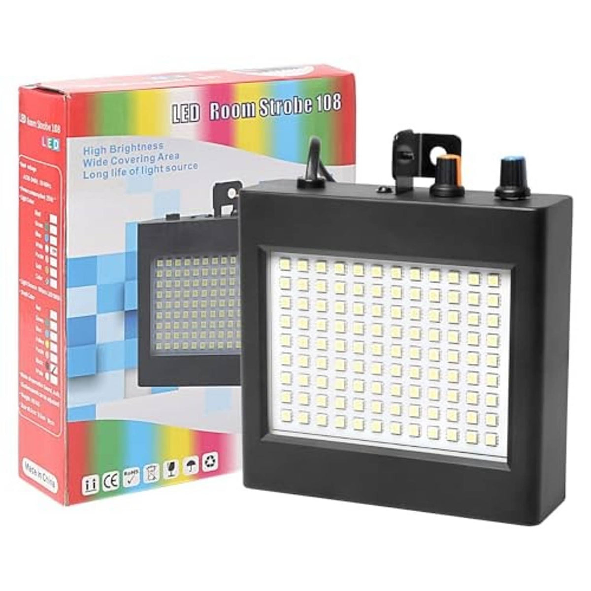 Black LED strobe light with white 108-LED panel shown beside retail box