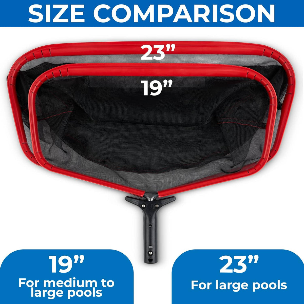 Red pool skimmer net with black mesh bag and handle, size comparison view