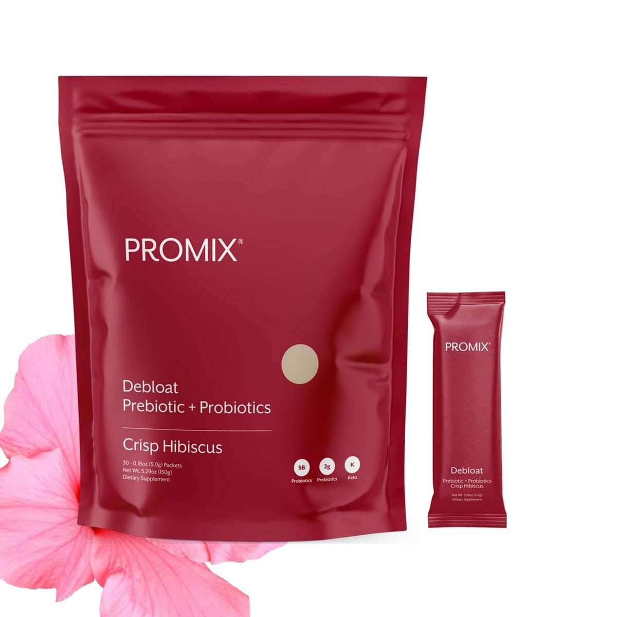 PROMIX Debloat prebiotic and probiotic pouch with matching red stick sachet