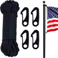 Flagpole rope kit with coiled dark nylon line and four black heavy-duty flag clips