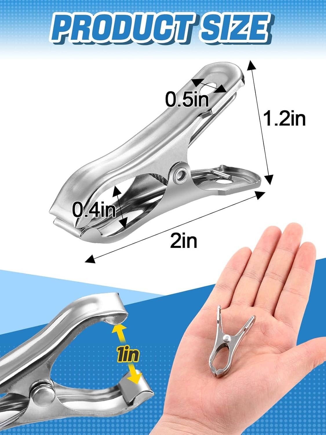 Stainless steel open greenhouse clamp with size markings beside a hand.