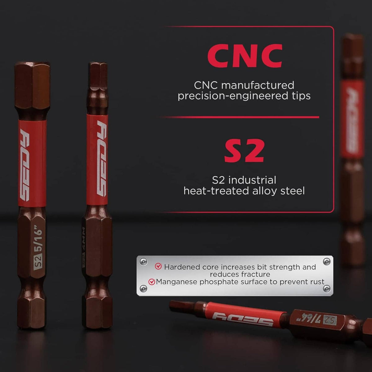 CNC machined S2 hex head bits with hardened core tips and 1/4in shank