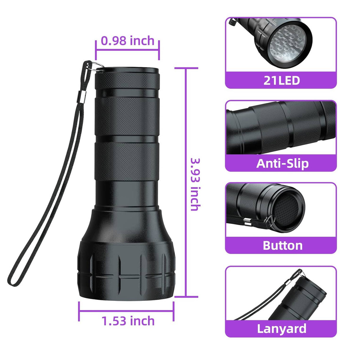 Black UV flashlight leak detector with 21 high-beam LEDs and wrist lanyard