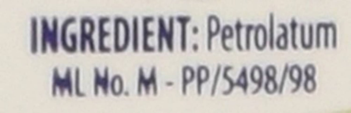 Jar ingredient label close-up: INGREDIENT Petrolatum