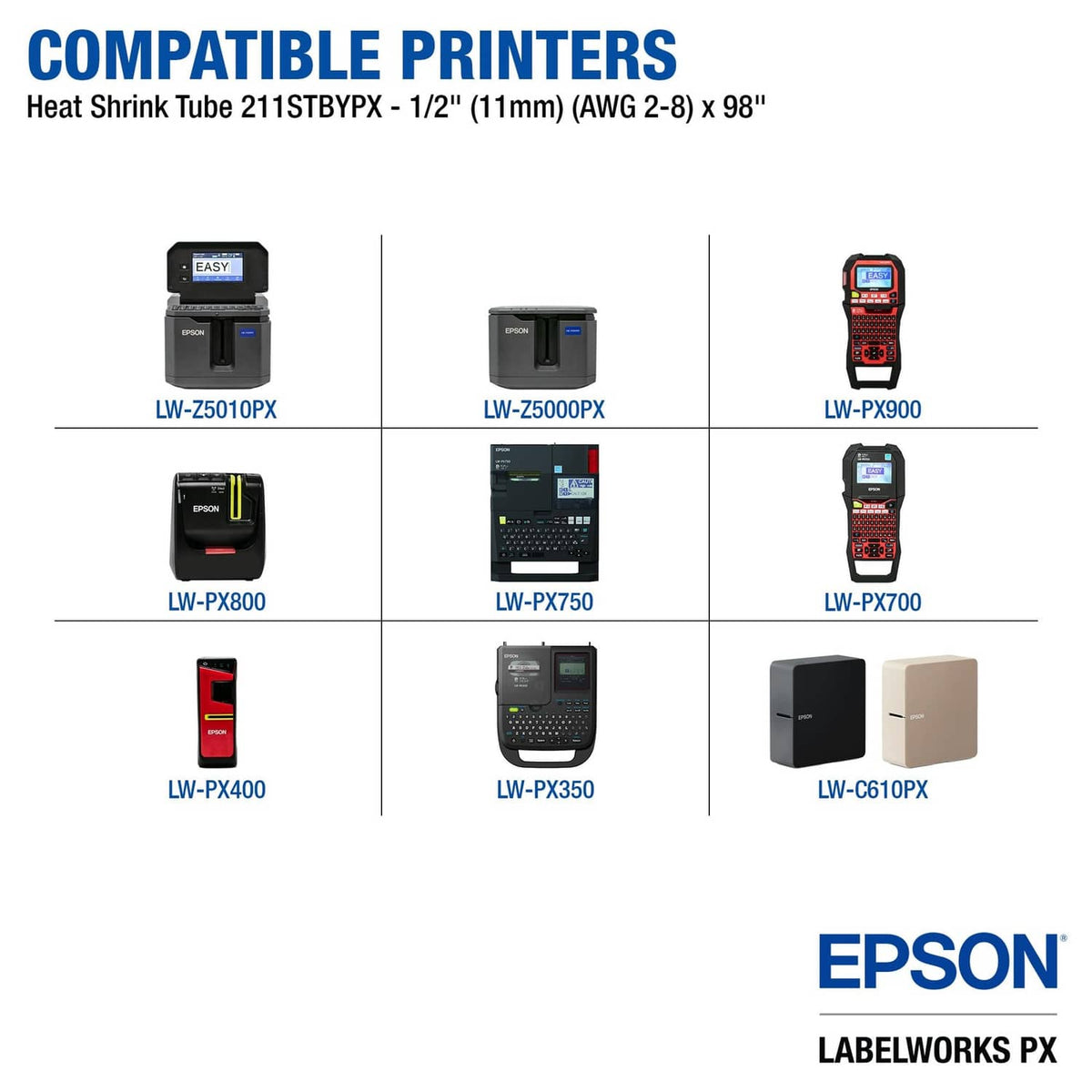 Epson LabelWorks PX compatibility chart for heat shrink tube 211STBYXP