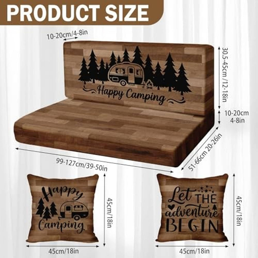 Brown RV dinette bench cushion cover with “Happy Camping” graphic; size layout shown