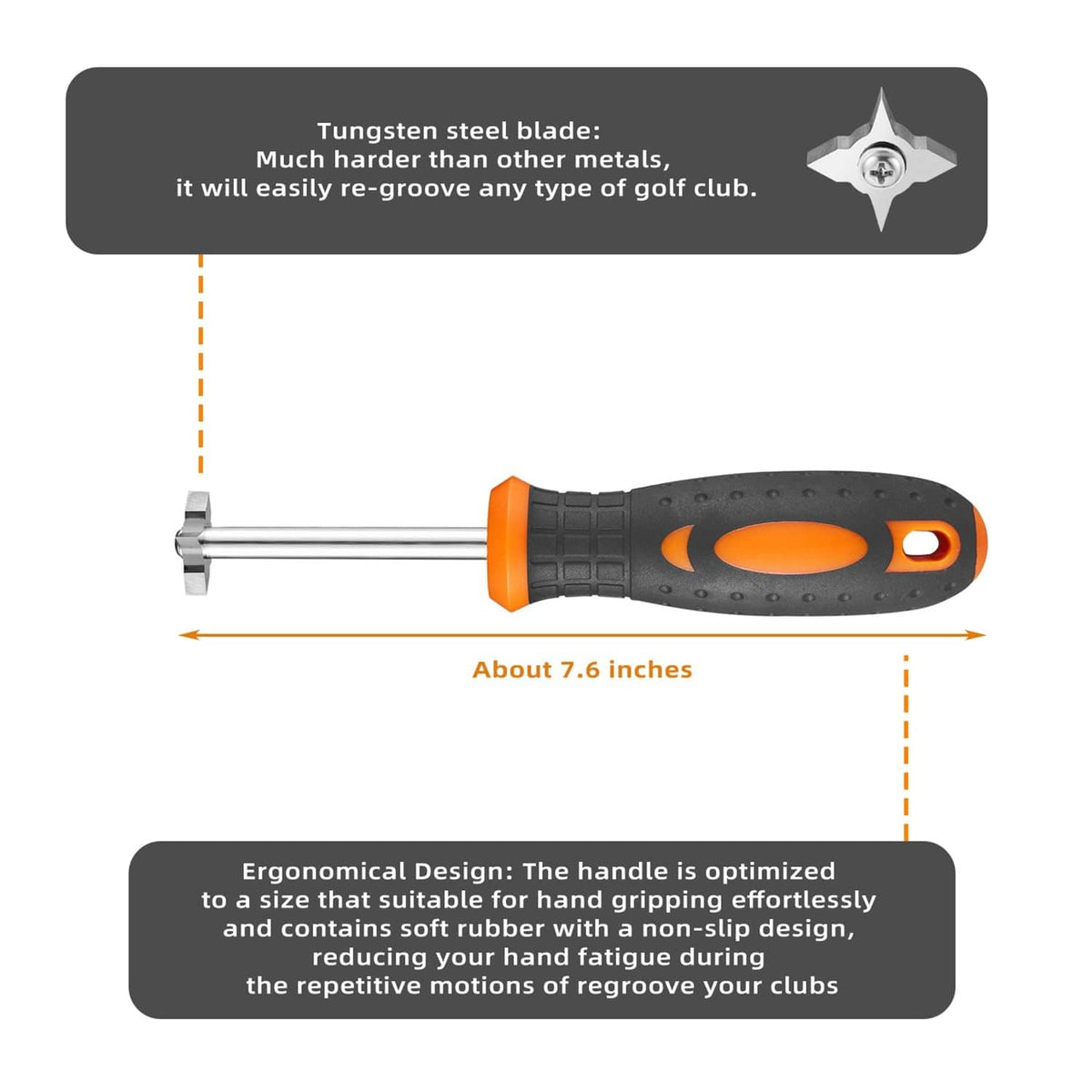 Golf groove sharpener with tungsten steel blade and ergonomic black-and-orange handle