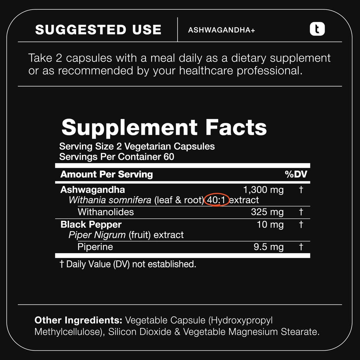 Ashwagandha+ supplement facts label with serving size and ingredient amounts