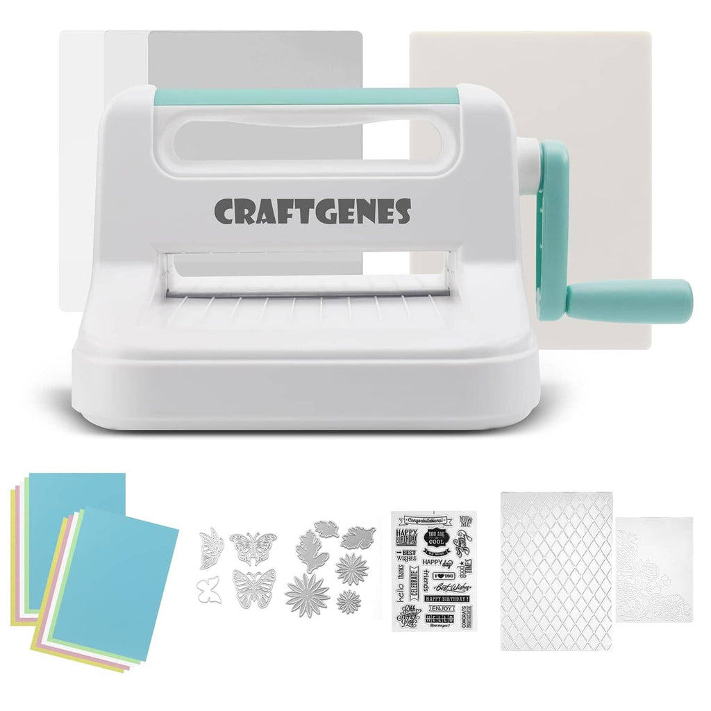White manual die-cutting and embossing machine with teal handle, plus card die templates