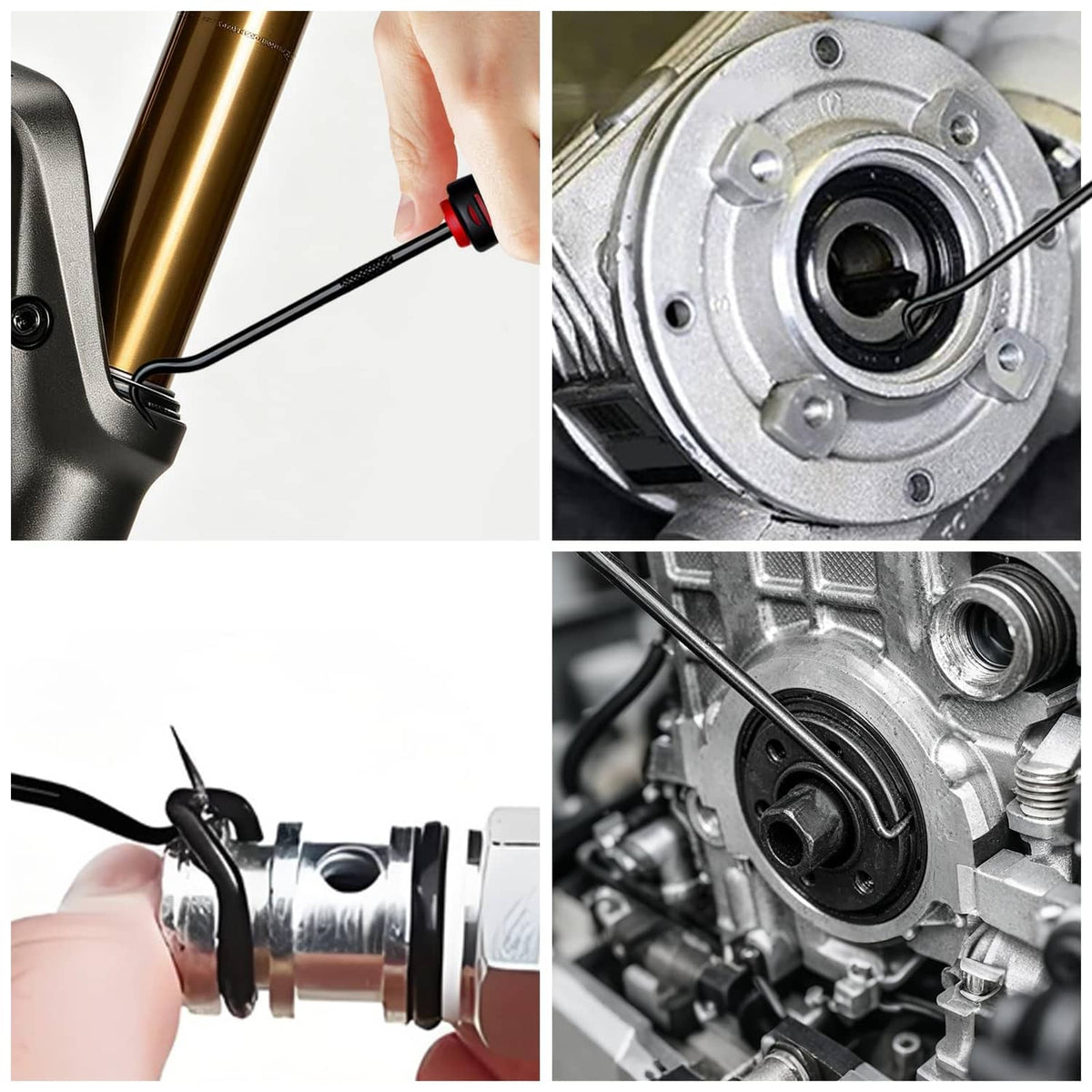 Hook and pick tool used around metallic engine components, showing tip insertion.