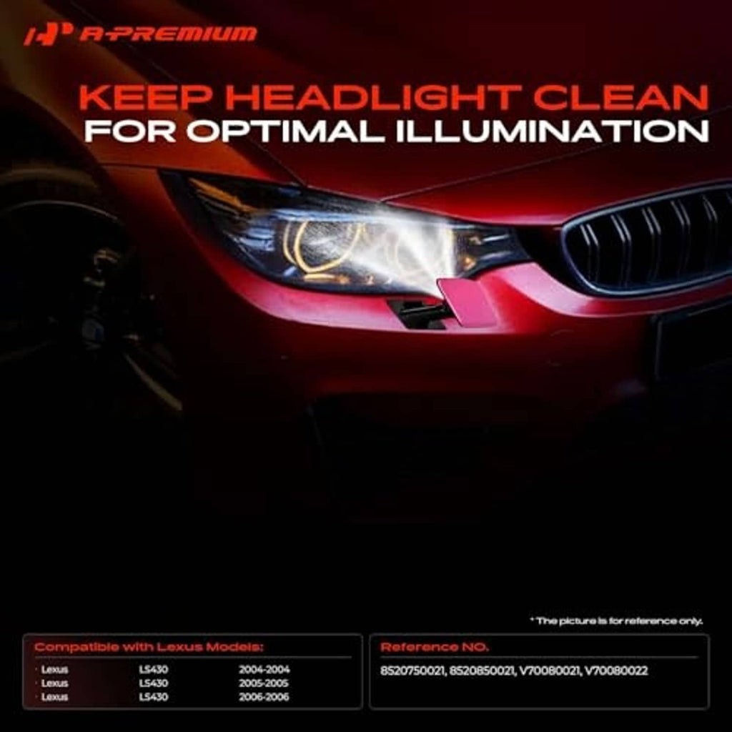 Headlight washer nozzle set producing cleaning spray on a headlight lens