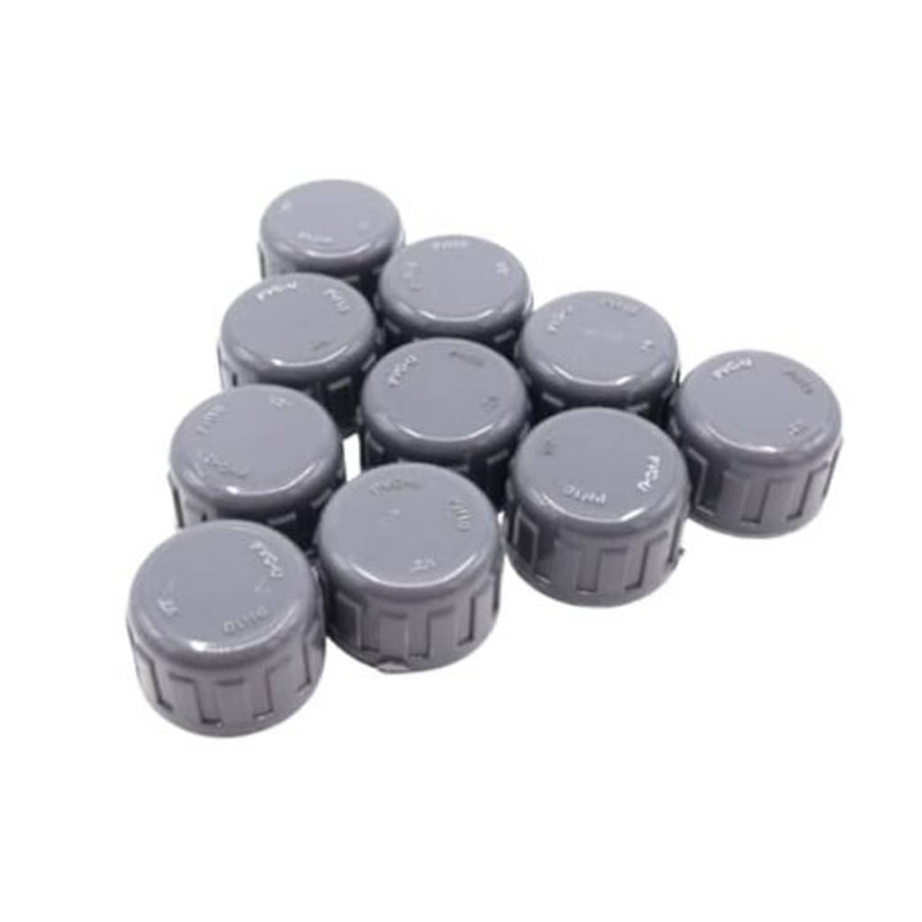 Set of 10 grey PVC end caps with female thread openings