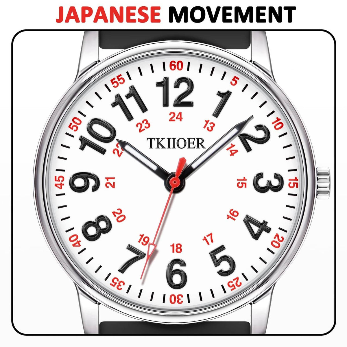 Waterproof nurse watch close-up: silver bezel, white dial with red accents, black hands