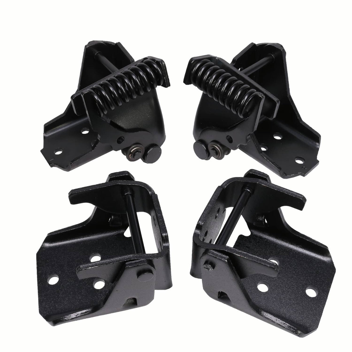 Black door hinges with coil springs and screw holes on rectangular mounting plates