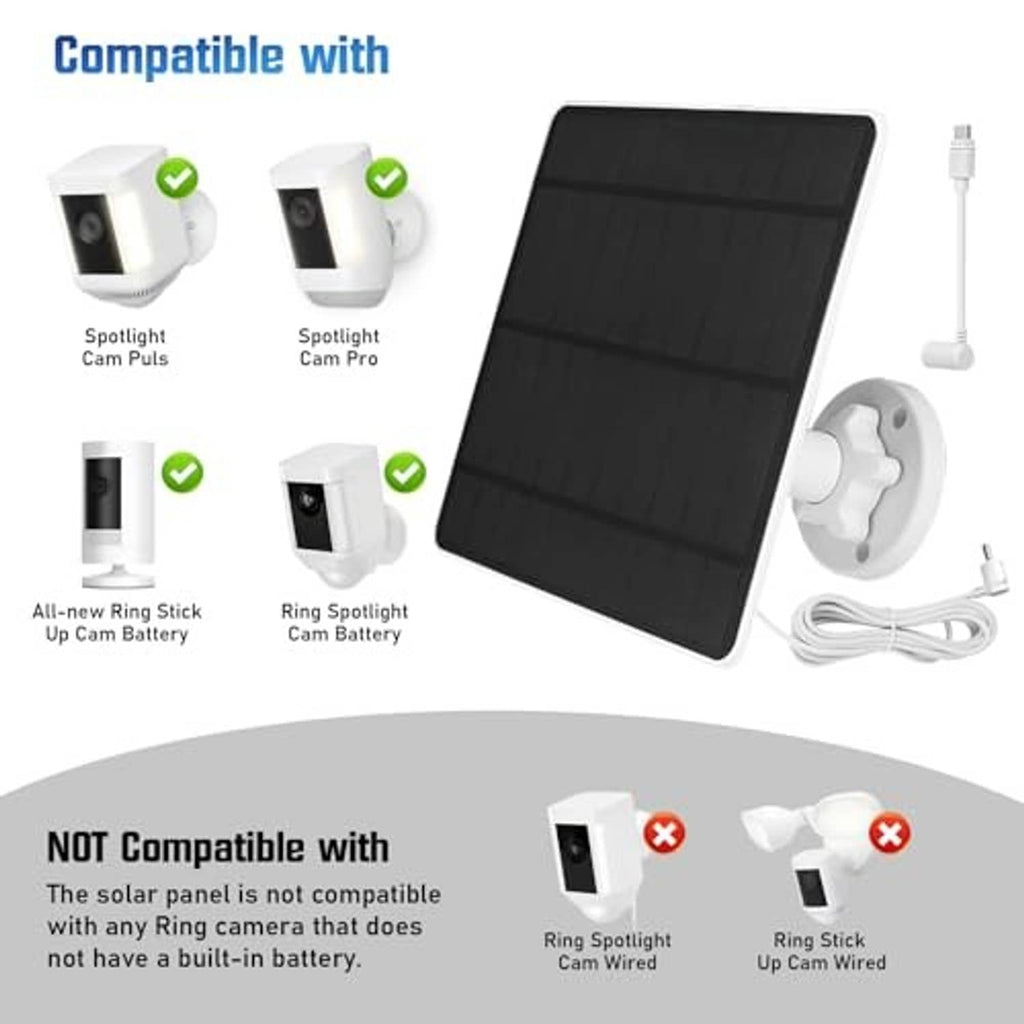 Solar panel charger kit with two black panels and white spotlight mounts, compatibility icons