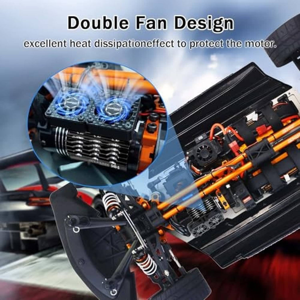 Black RC motor cooling fan assembly with double fan design and heatsink fins