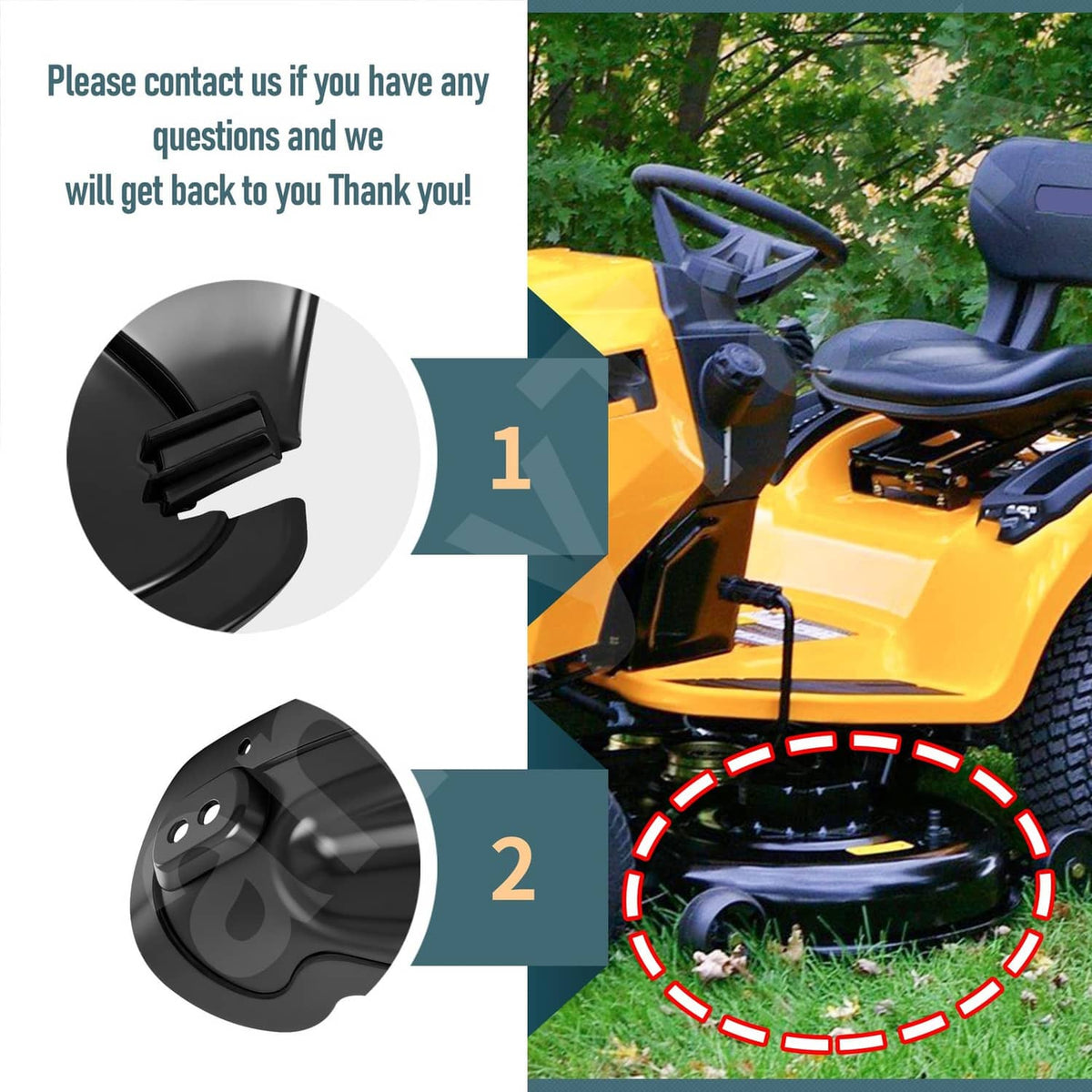 Black mulch plug and mounting hardware, close-up with two view angles
