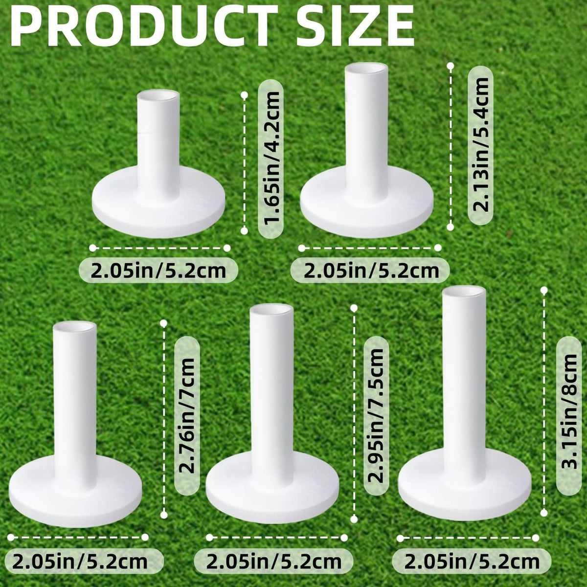 White rubber golf tees with tall shafts and wide round bases on green turf