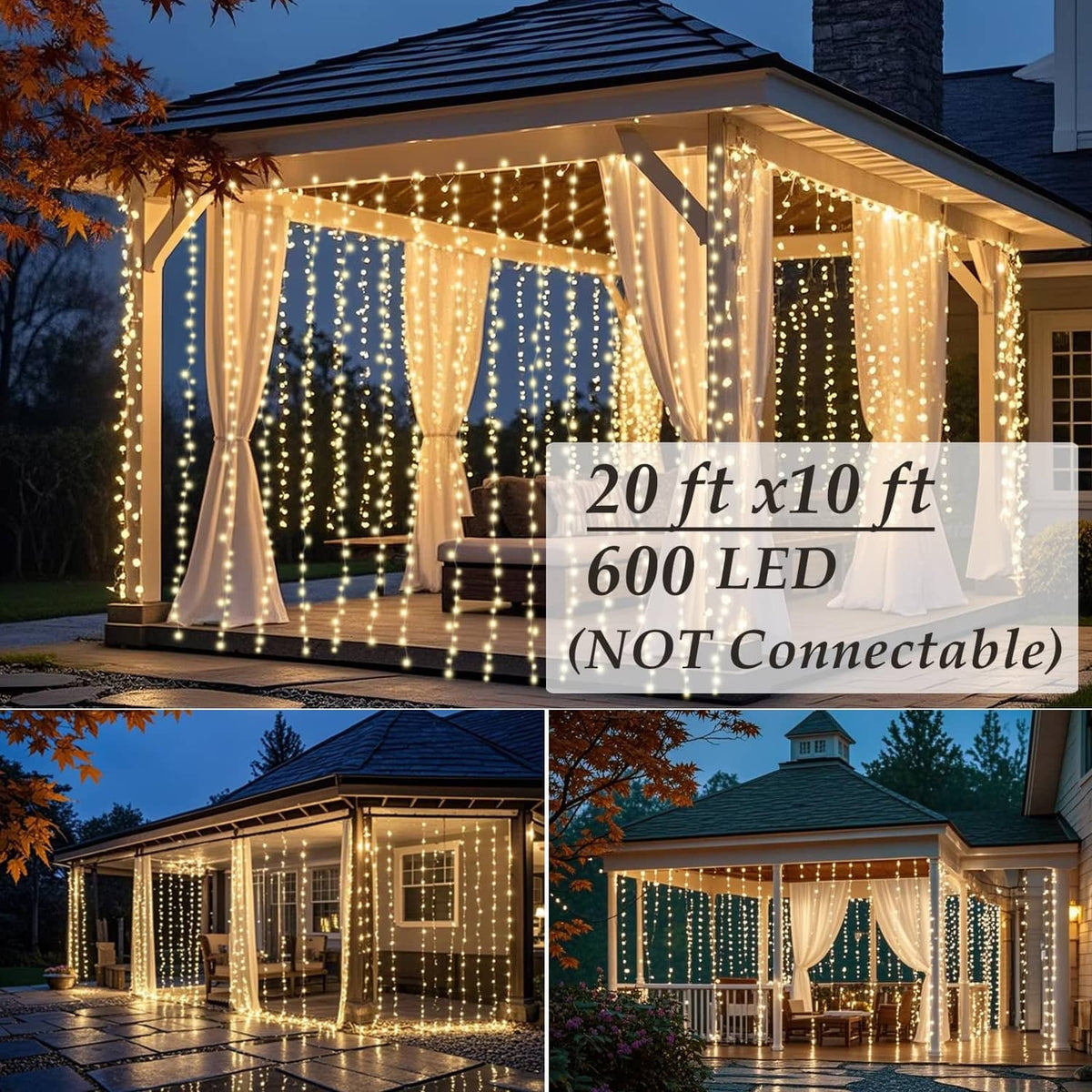 Warm white LED curtain lights draped across an outdoor gazebo with lit vertical strands