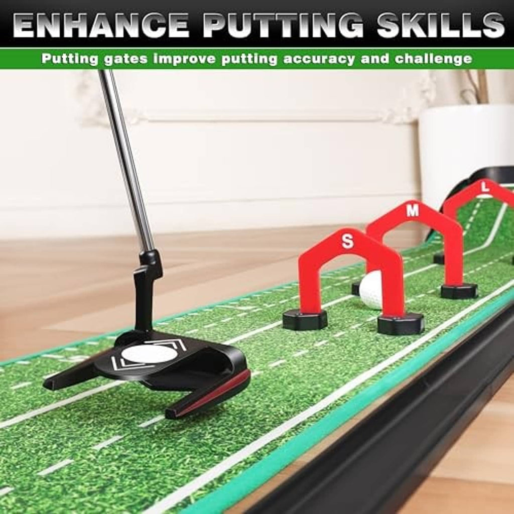 Indoor golf putting green with three red putting gates (S, M, L) and a black putter guide.