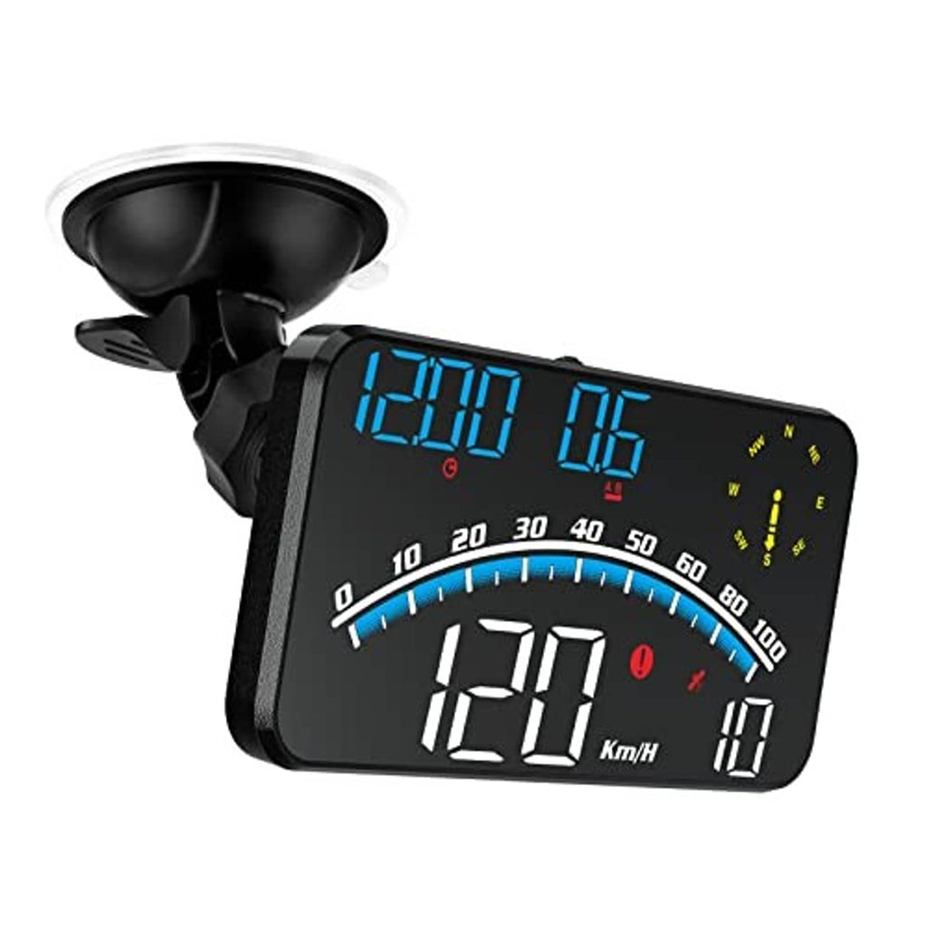 Black HUD head-up display speedometer angled view with blue digits and white speed