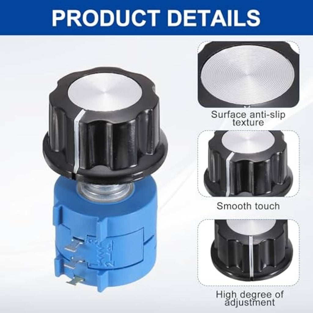 Rotary potentiometer with black knurled knob on blue base, smooth touch top