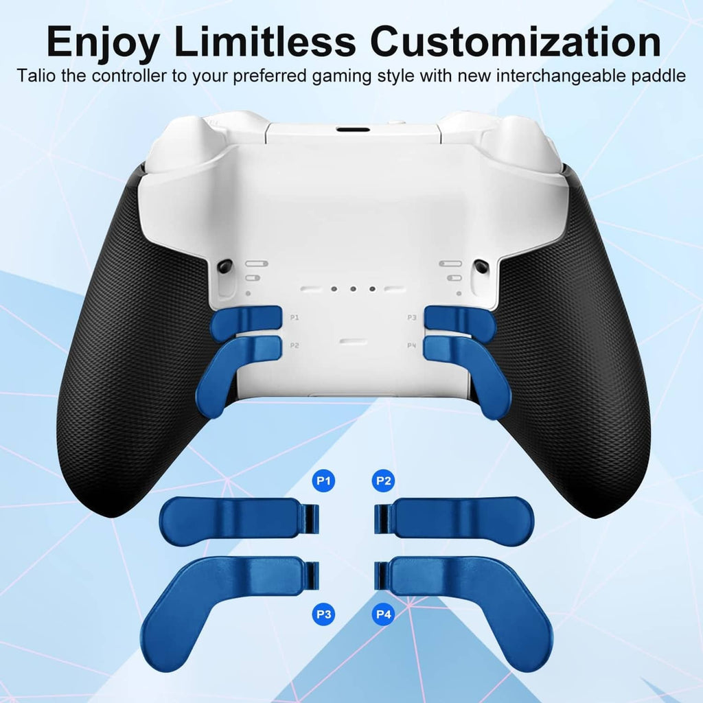 White controller with blue interchangeable thumbsticks and grip back paddles