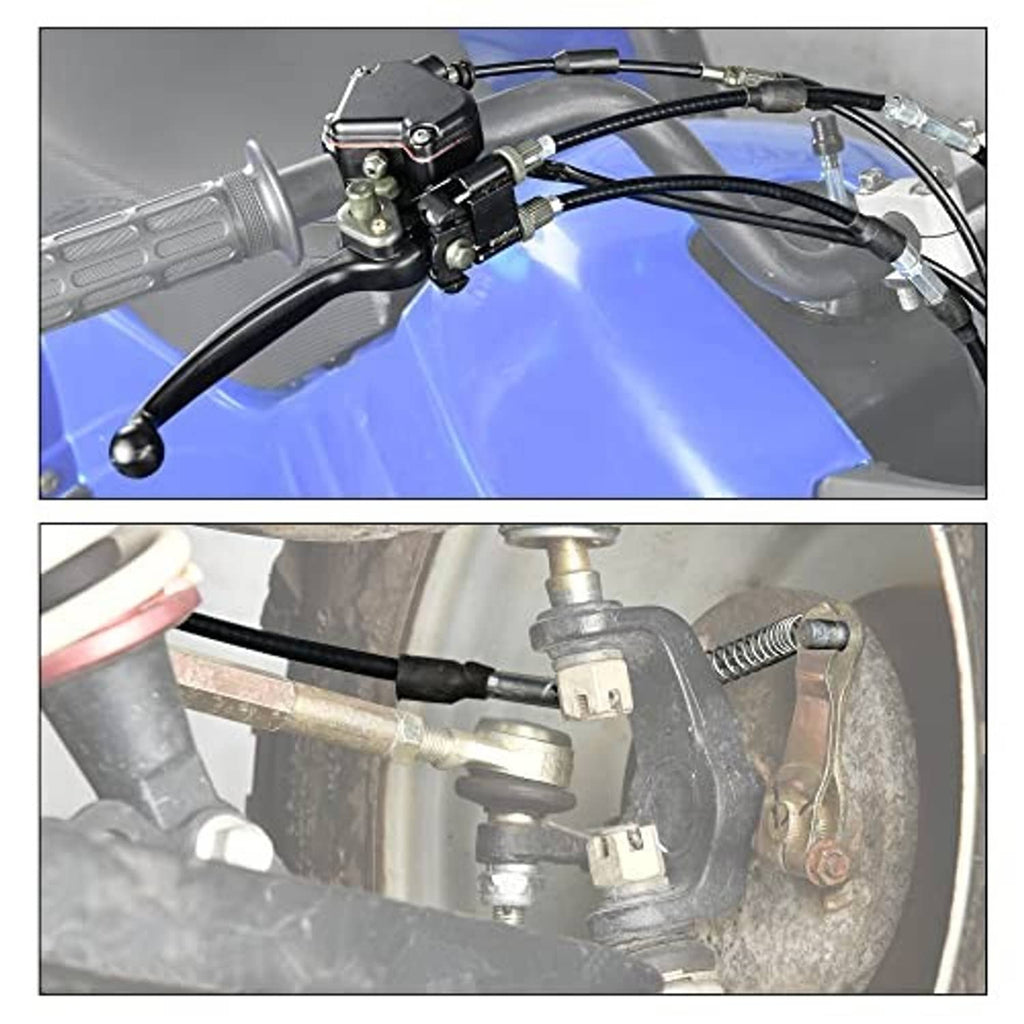 ATV handlebar thumb throttle and brake lever with black cable runs and fittings