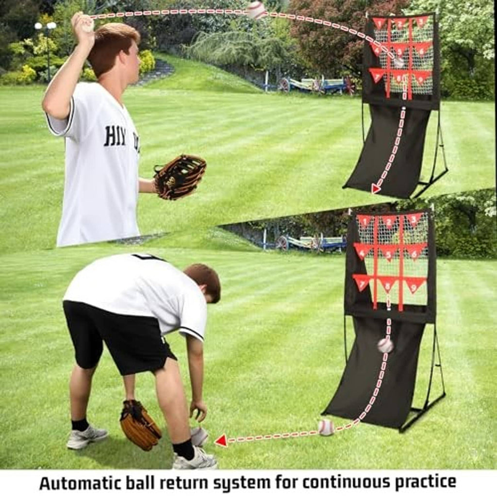Black and red pitching target net with automatic ball return tubes and practice balls