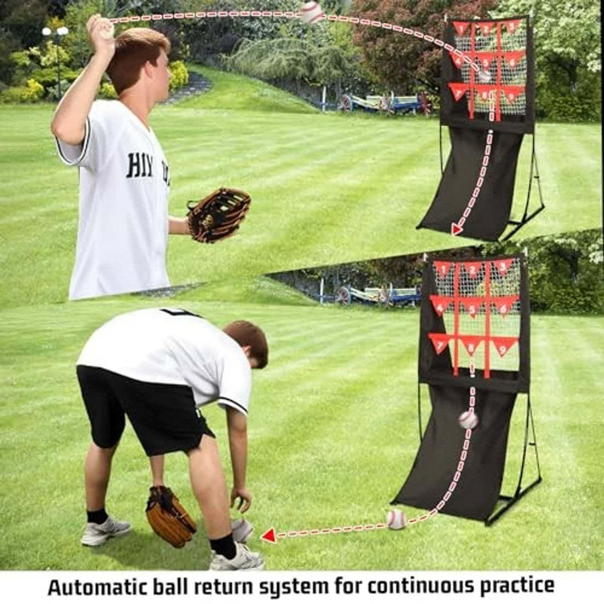 Black and red pitching target net with automatic ball return tubes and practice balls