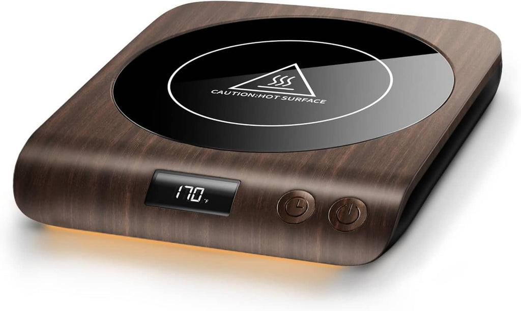 Coffee mug warmer with black top panel, caution icon, digital temperature display, buttons