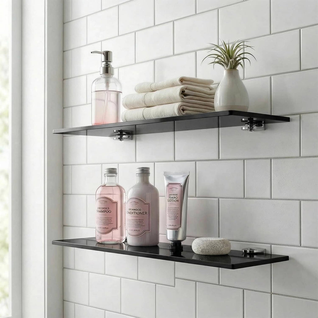 Black acrylic floating shelves set of two with visible underside mounting brackets