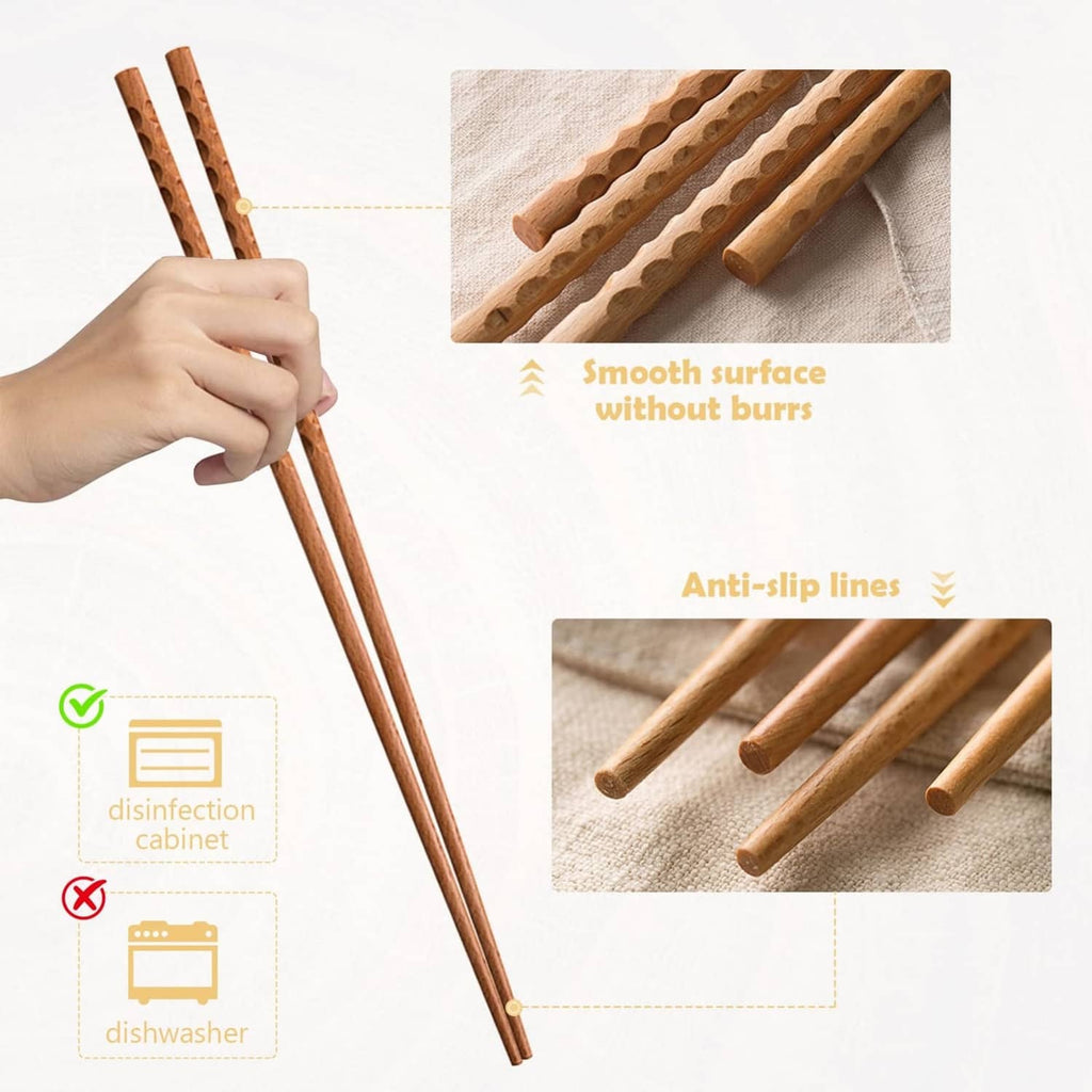 Beech wood chopsticks held in hand, with anti-slip ridged grip lines on tips